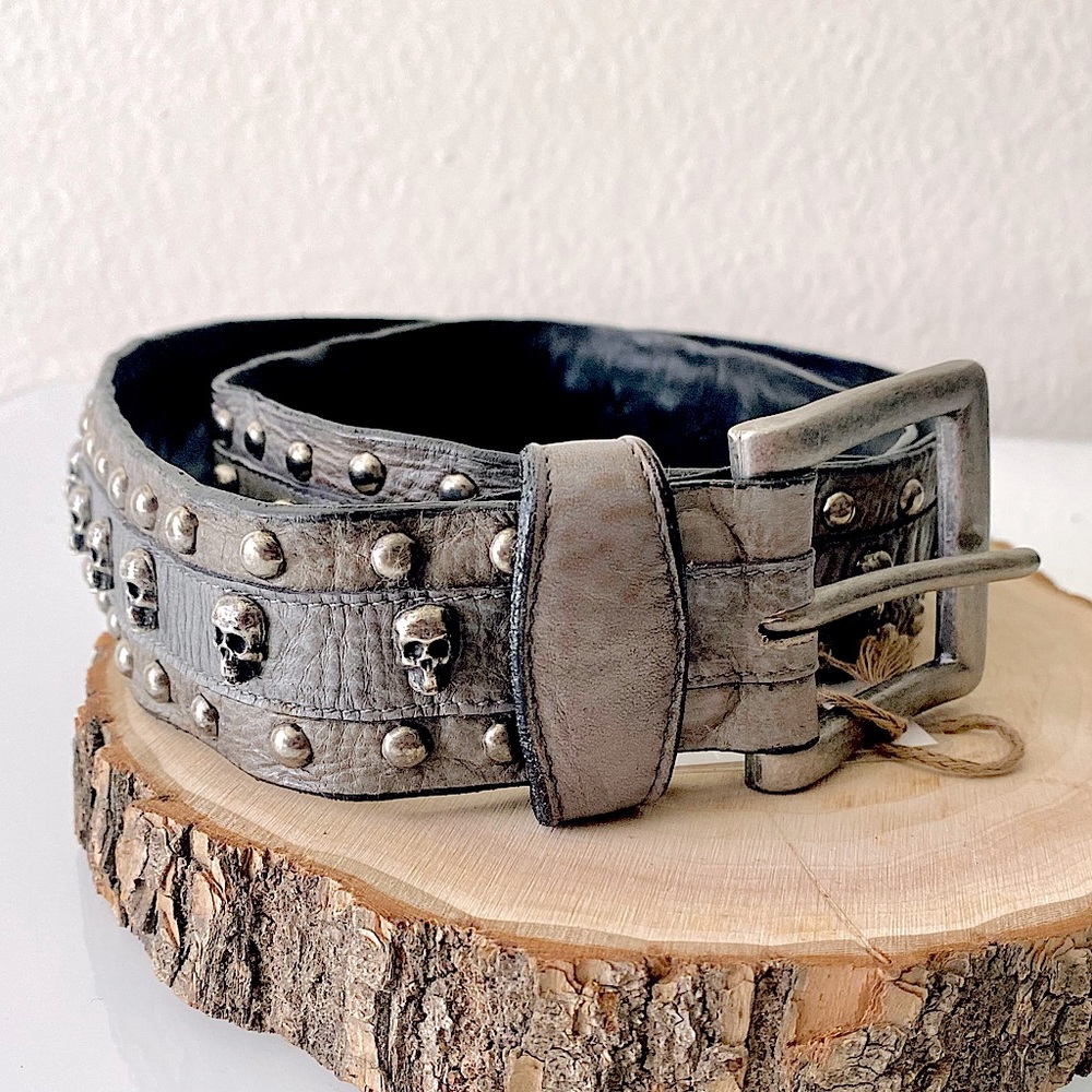 Old Gringo Skull Stacket Stud Grey Leather Belt